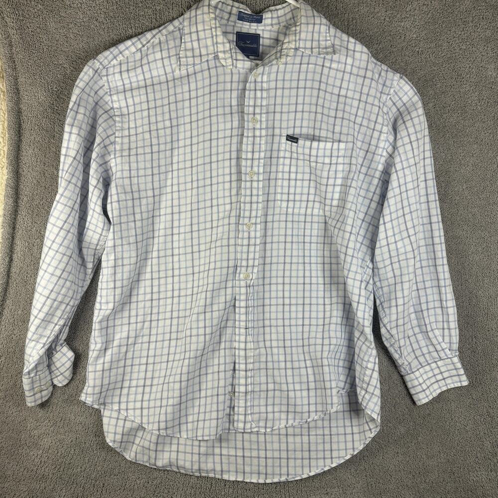 Vintage Faconnable Shirt Mens XL White Blue Plaid Button Down Pocket USA Cotton